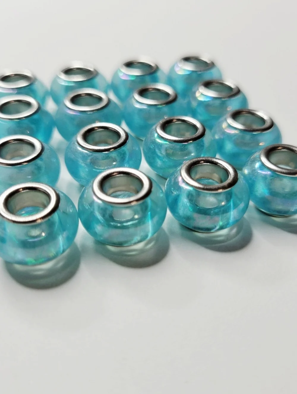 New! 16 Gorgeous Aqua Blue Translucent AB Round European Charm Beads For Pandora